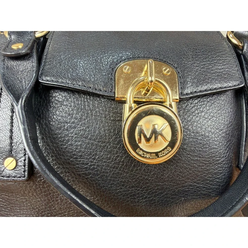 Michael Kors Hamilton Satchel Tote Leather Bag Black with Gold Lock and Chain